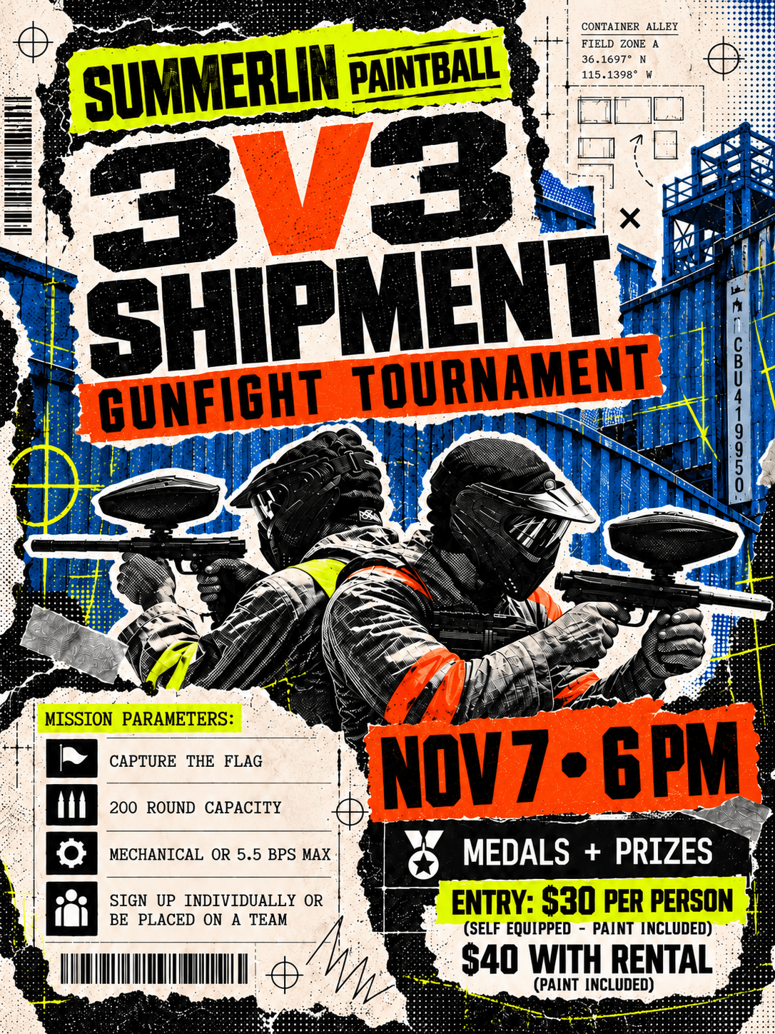 Summerlin Paintball 3v3 Shipment Gunfight Tournament flyer, Sat Nov 7 at 6 PM PST; $30 per person self-equipped or $40 with rental, paint included.