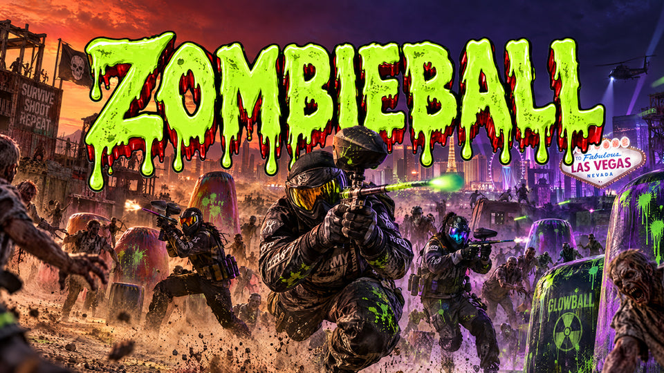 Zombieball Las Vegas event artwork with paintball players battling a zombie horde