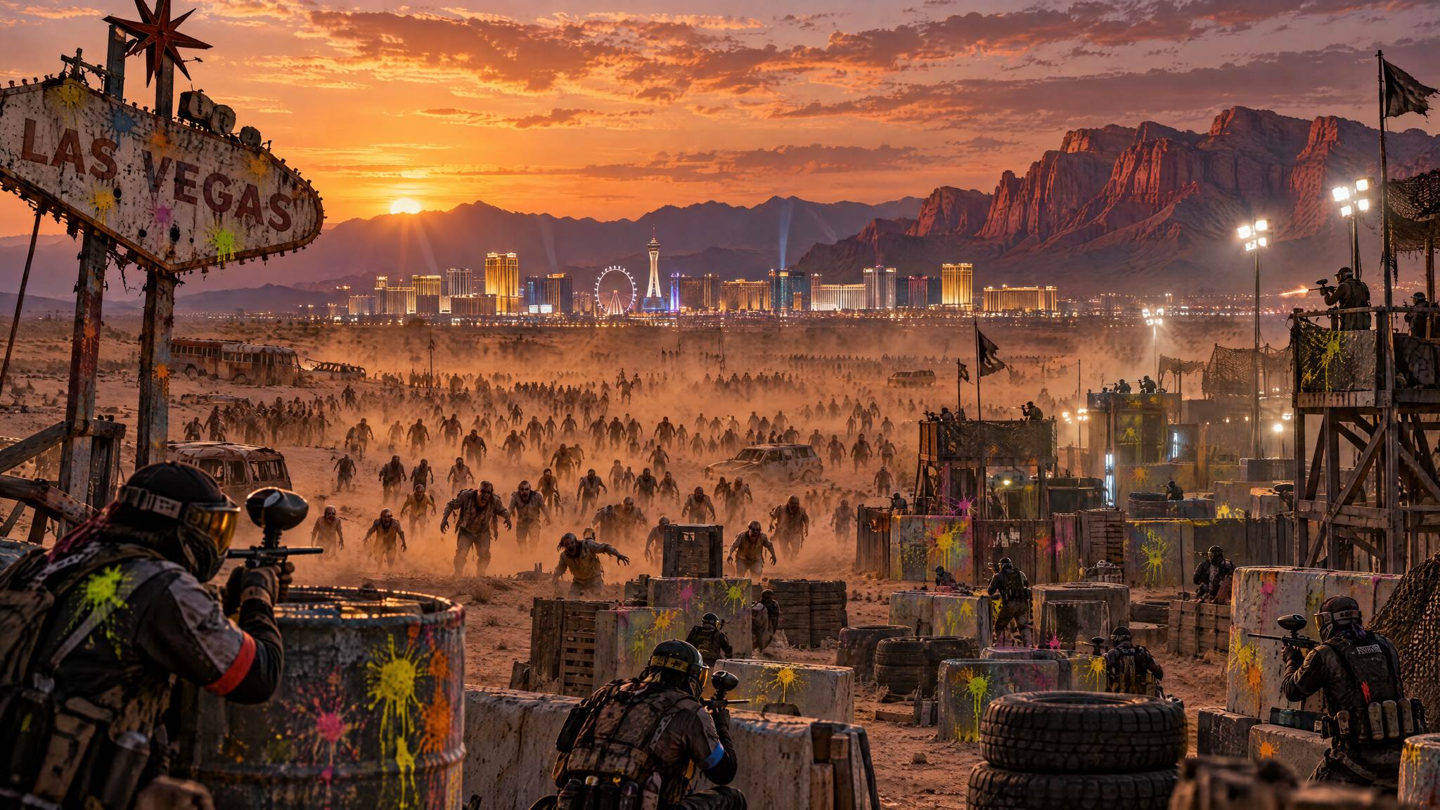 Paintball players facing a zombie horde beneath the Las Vegas skyline